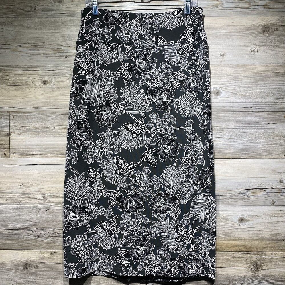 J Jill Wearever Midi Skirt Smooth Fit Black Gray Floral Size Small Stretchy